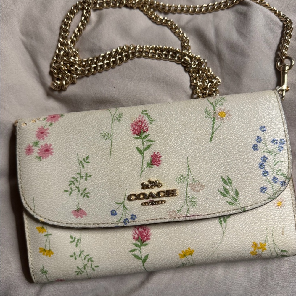 Coach White Floral Clutch with Gold Chain